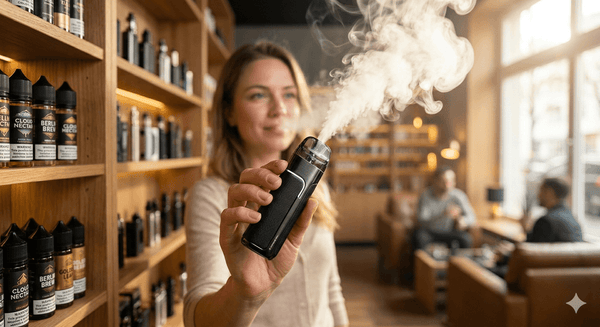 Frau hält ein Pod-System in einem Vape-Shop, im Regal dahinter E-Liquid-Flaschen