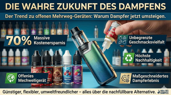 Infografik zu offenen Mehrweg-Systemen: Pod-Gerät mit 10-ml-Liquidflaschen, Kostenersparnis und Nachhaltigkeit