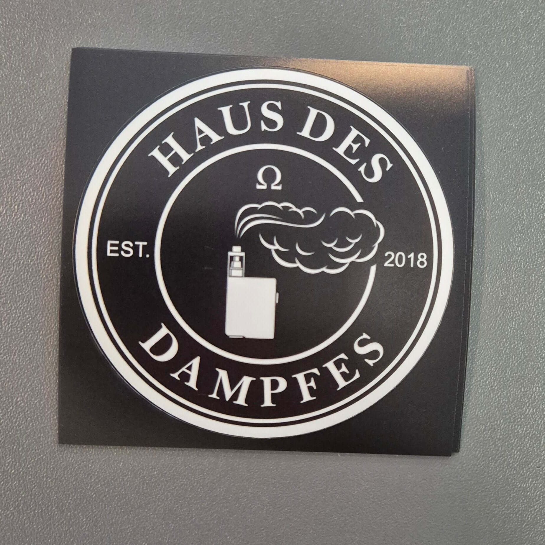 Haus des Dampfes sticker featuring vape design and logo, perfect for personal style upgrade.