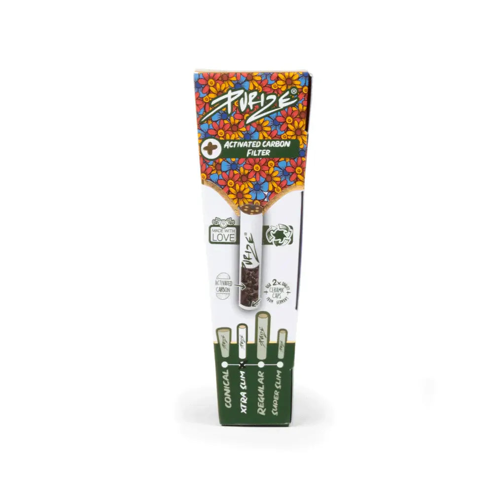 PURIZE® PreRolled Cones XTRA Slim packaging featuring activated carbon filter and vibrant floral design.
