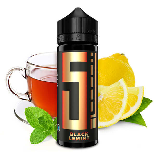 5 EL Black Lemint Aroma 10ml with black tea, lemon slices, and mint leaves for a refreshing vaping experience.