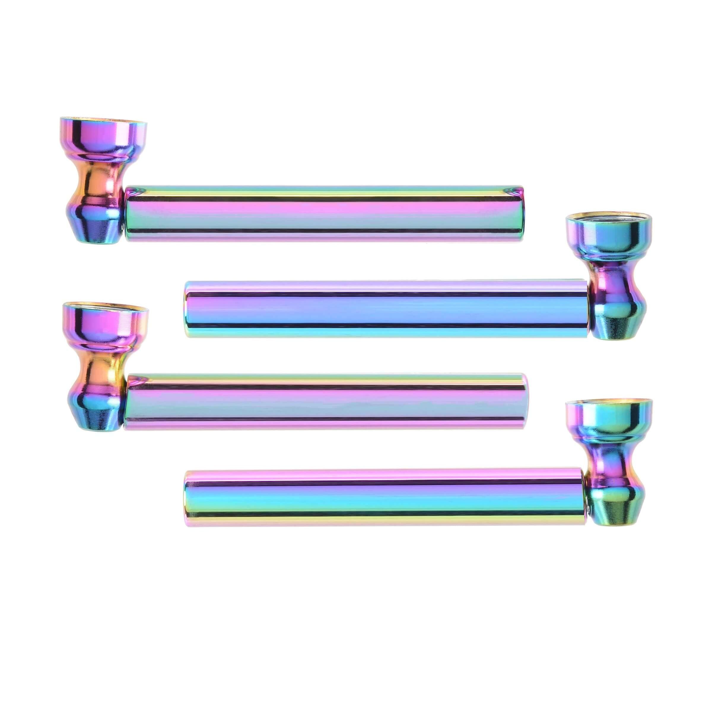 Set of four colorful mini glass pipes in rainbow finish, ideal for portable smoking experiences.