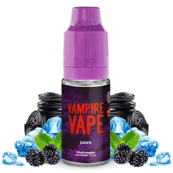 Vampire Vape Dawn 10 ml E-Liquid bottle with dark berries and ice, offering a unique vaping experience.