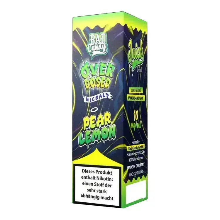 Bad Candy Overdosed Nikotinsalz Liquid Pear Lemon packaging with vibrant colors and clear branding.