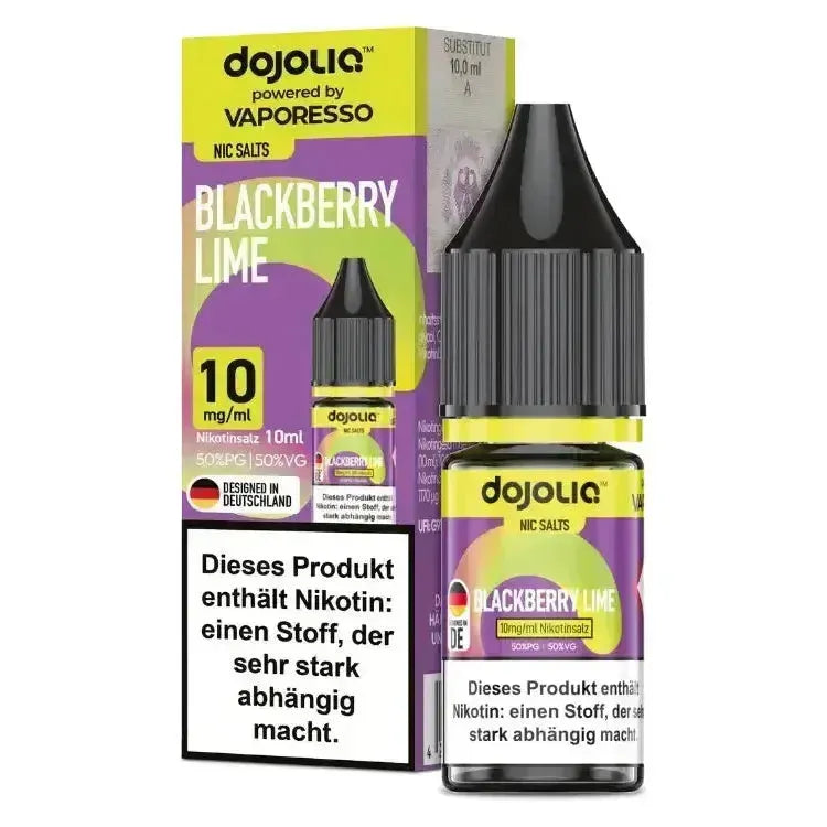 Dojoliq Nikotinsalz Liquid in Blackberry Lime flavor, 10 mg/ml, 10 ml bottle, perfect for intense vaping experience.