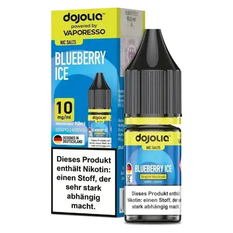 Dojoliq Nikotinsalz Liquid Blueberry Ice 10mg/ml in 10ml bottle for intense vaping experience.