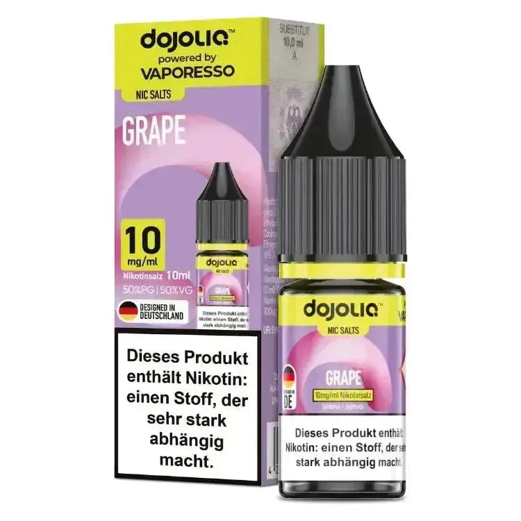 Dojoliq Nikotinsalz Liquid Grape 10 mg in 10 ml bottle for vaping, offering intense flavor and quick nicotine absorption.