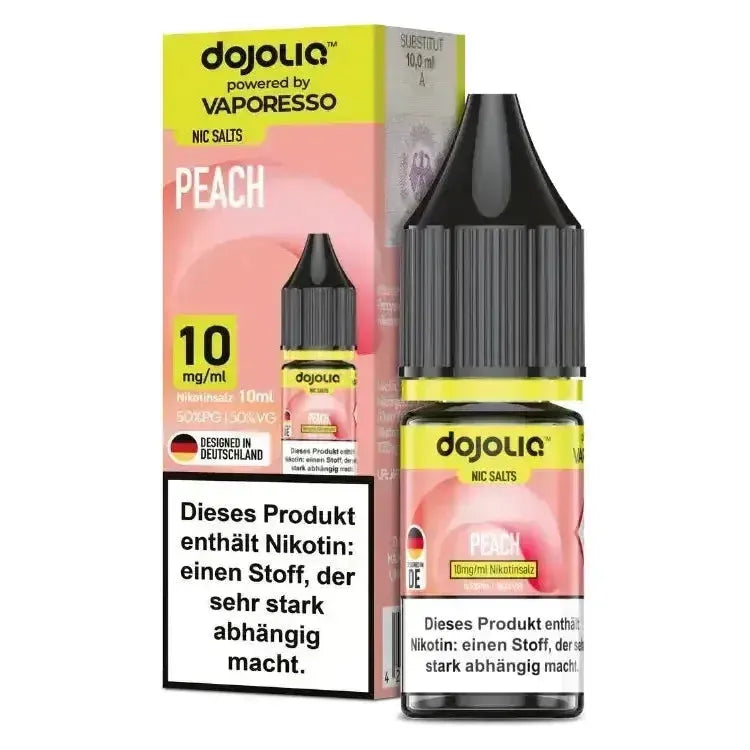 Dojoliq Nikotinsalz Liquid in Peach flavor, 10 mg/ml, 10 ml bottle with warning about nicotine addiction.