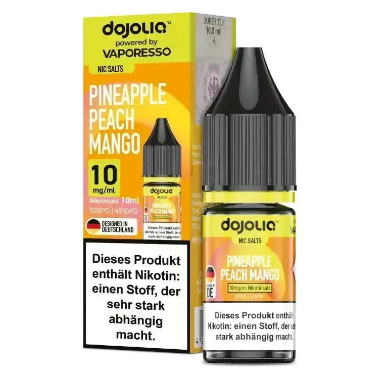 Dojoliq Nikotinsalz Liquid in Pineapple Peach Mango flavor, 10 mg, 10 ml bottle with packaging.