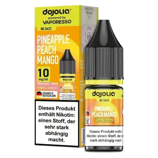 Dojoliq Nikotinsalz Liquid in Pineapple Peach Mango flavor, 10 mg, 10 ml bottle with packaging.