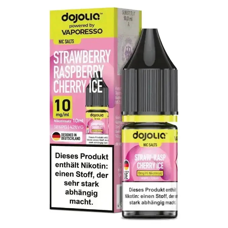 Dojoliq Nikotinsalz Liquid in Strawberry Raspberry Cherry Ice flavor, 10 mg/ml nicotine in a 10 ml bottle.