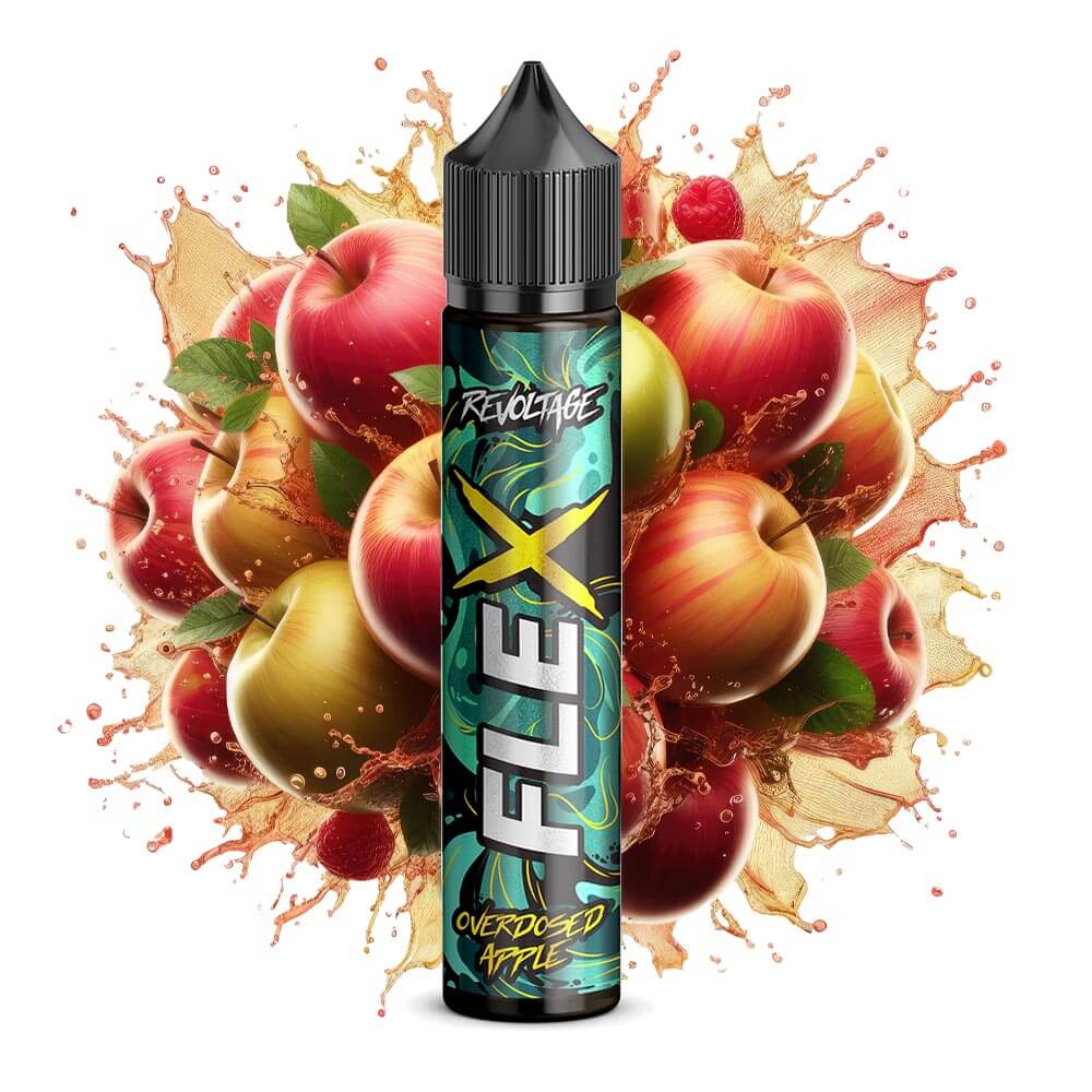 Flex Overdosed Apple Aroma by Revoltage in a vibrant design with fresh apples splashing around.