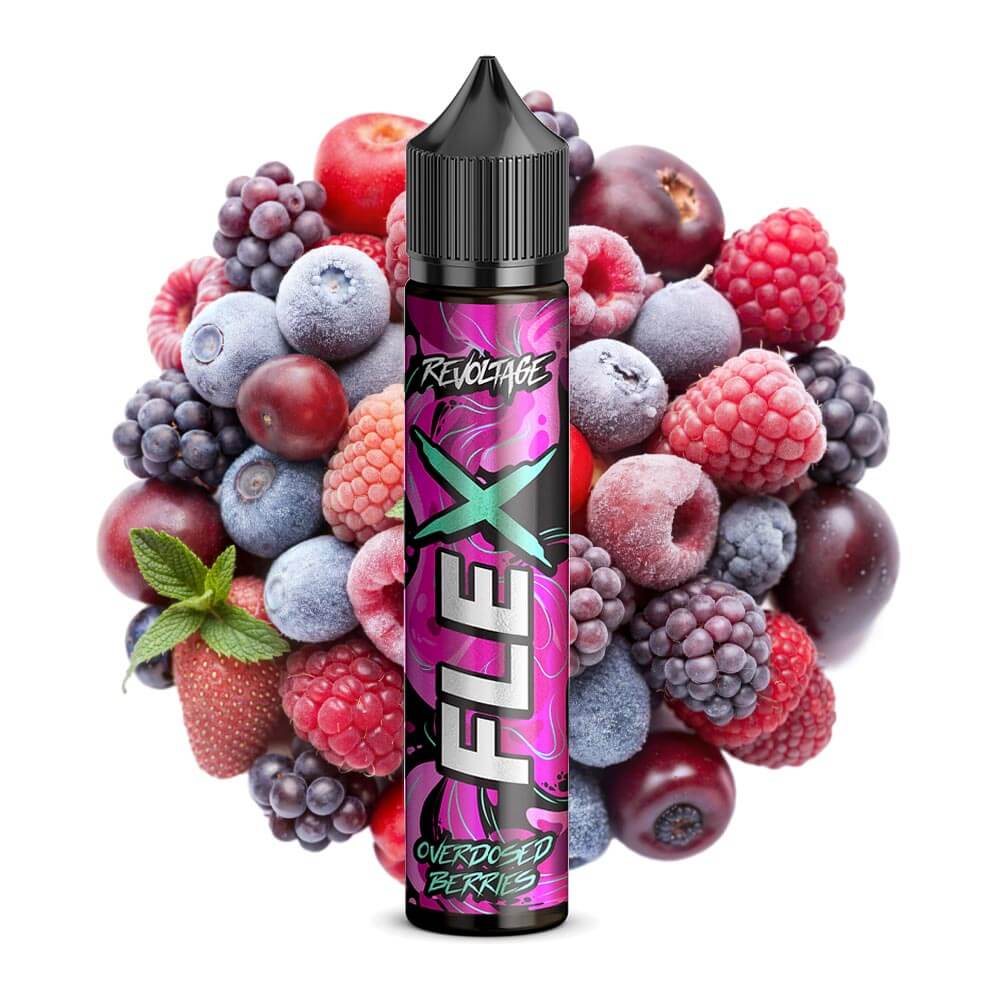 Revoltage Flex Overdosed Berries Aroma bottle surrounded by an array of fresh mixed berries, highlighting vibrant flavors.