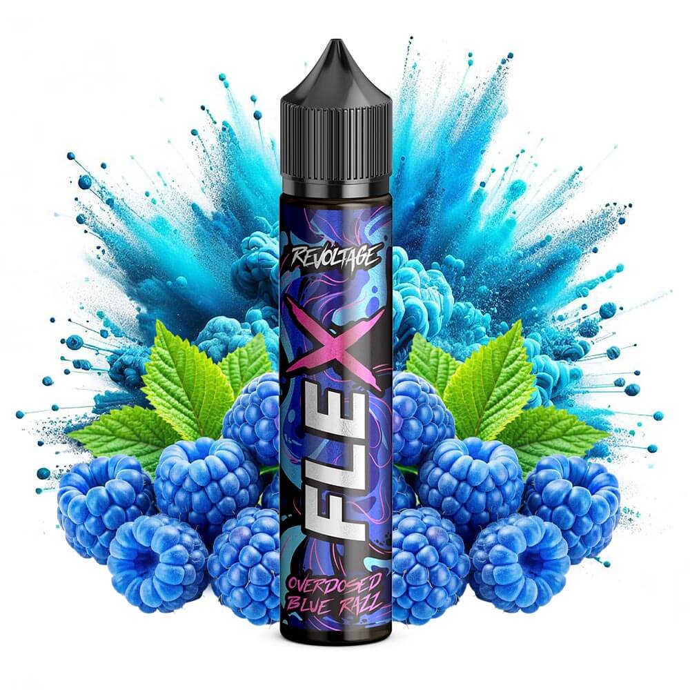 Revoltage Flex Overdosed Blue Razz Aroma bottle surrounded by vibrant blue raspberries and mint leaves.