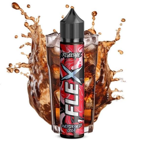 Revoltage Flex Overdosed Cola Aroma in a stylish bottle with cola splash in the background for vaping enthusiasts.