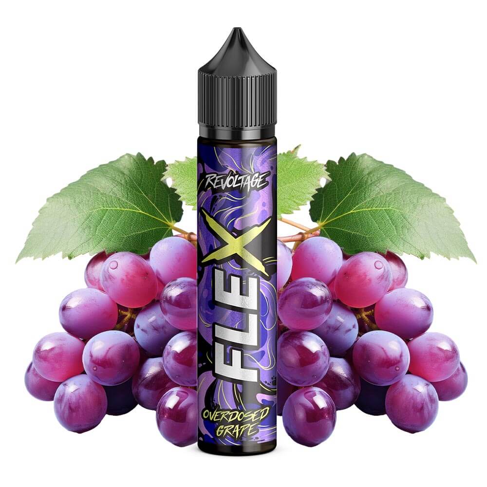 Revoltage Flex Overdosed Grape aroma bottle with fresh grapes in the background, ideal for DIY e-liquids.