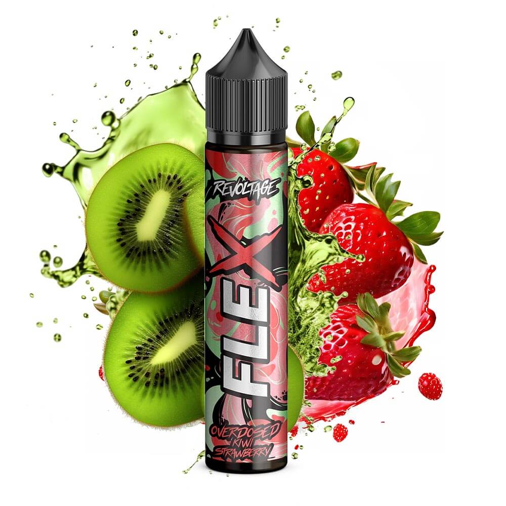 Revoltage Flex Overdosed Kiwi Strawberry Aroma bottle with kiwi and strawberry splash background.