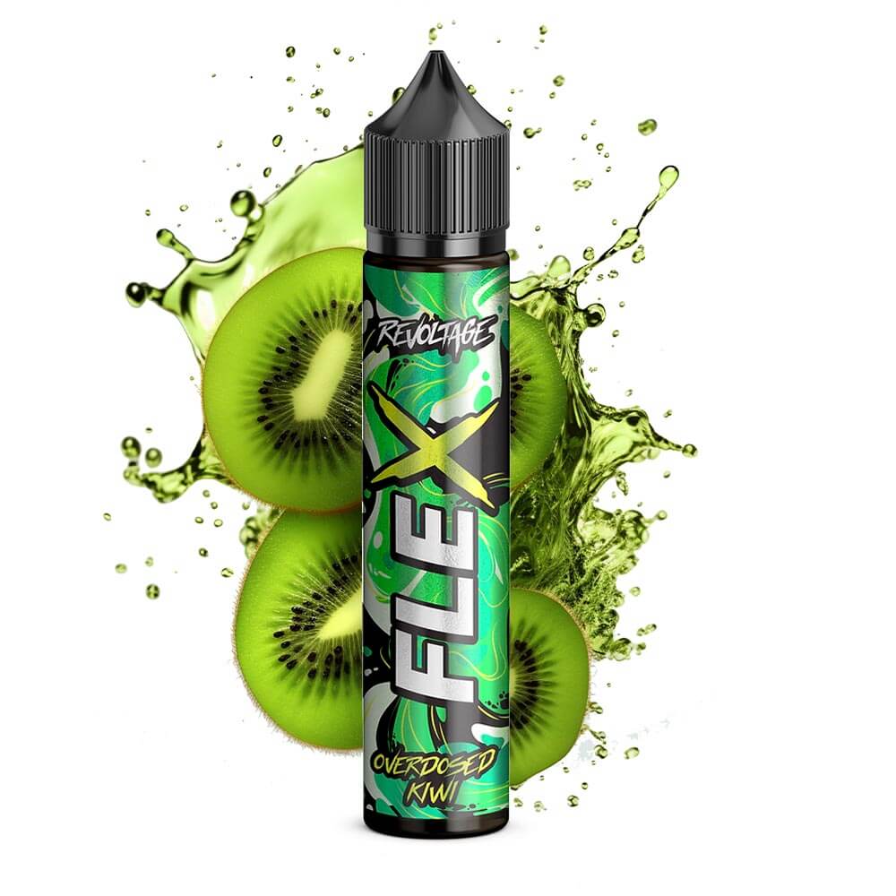 Revoltage Flex Overdosed Kiwi Aroma bottle, featuring vibrant kiwi slices and refreshing green splash.