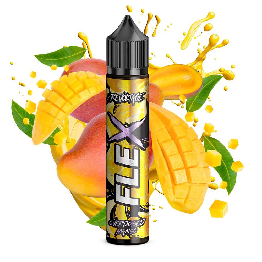 Revoltage Flex Overdosed Mango Aroma bottle surrounded by mango slices and splashes, perfect for DIY e-liquids.