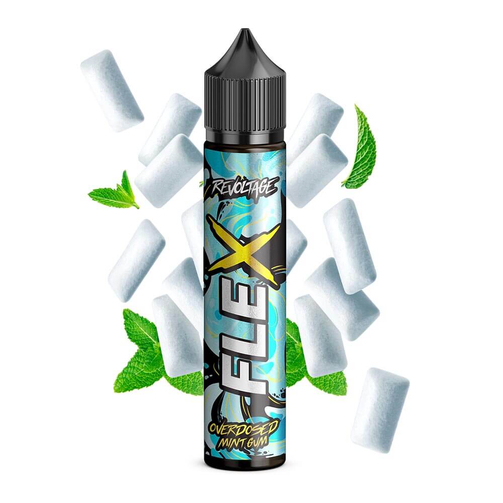 Revoltage Flex Overdosed Mint Gum aroma bottle with mint leaves and gum pieces, ideal for DIY e-liquid mixing.
