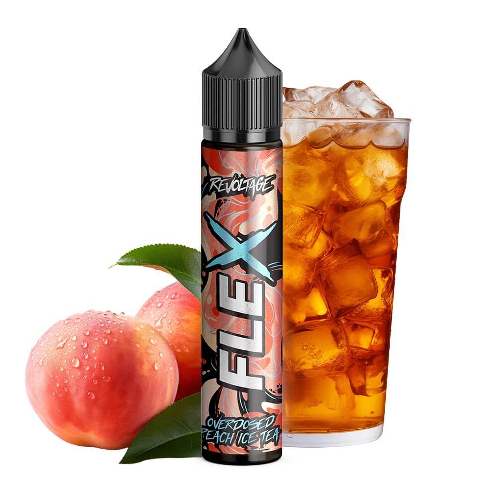 Revoltage Flex Overdosed Peach Ice Tea Aroma bottle next to a glass of iced tea and fresh peaches.