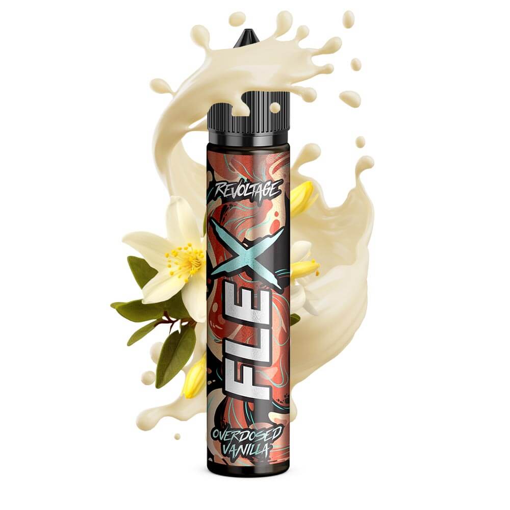 Revoltage Flex Overdosed Vanilla Aroma in a colorful bottle with vanilla flowers and creamy splashes.