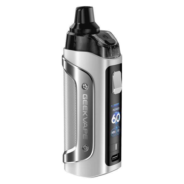 GeekVape Aegis Boost 3 E-Zigaretten-Set in silber, robustes Design mit Digitaldisplay.