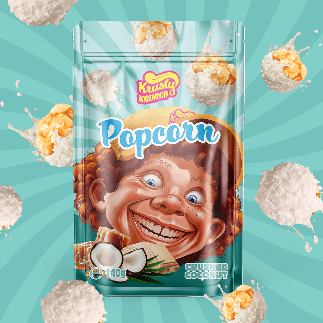 Krusty Krunch Crushed Coconut Popcorn packaging featuring a cheerful character with coconut pieces.