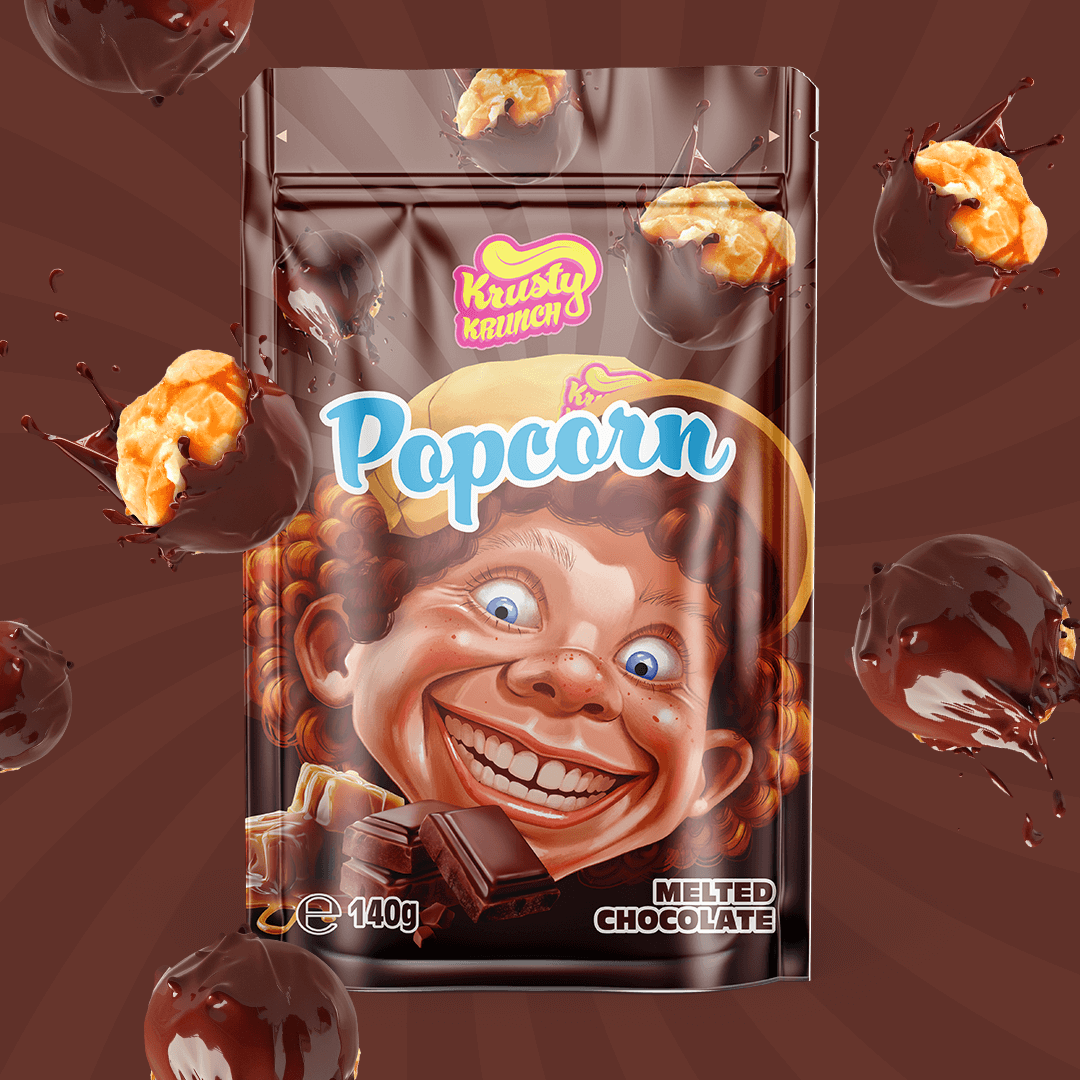 Krusty Krunch Popcorn packed with melted chocolate, featuring a playful character and popcorn splashes.