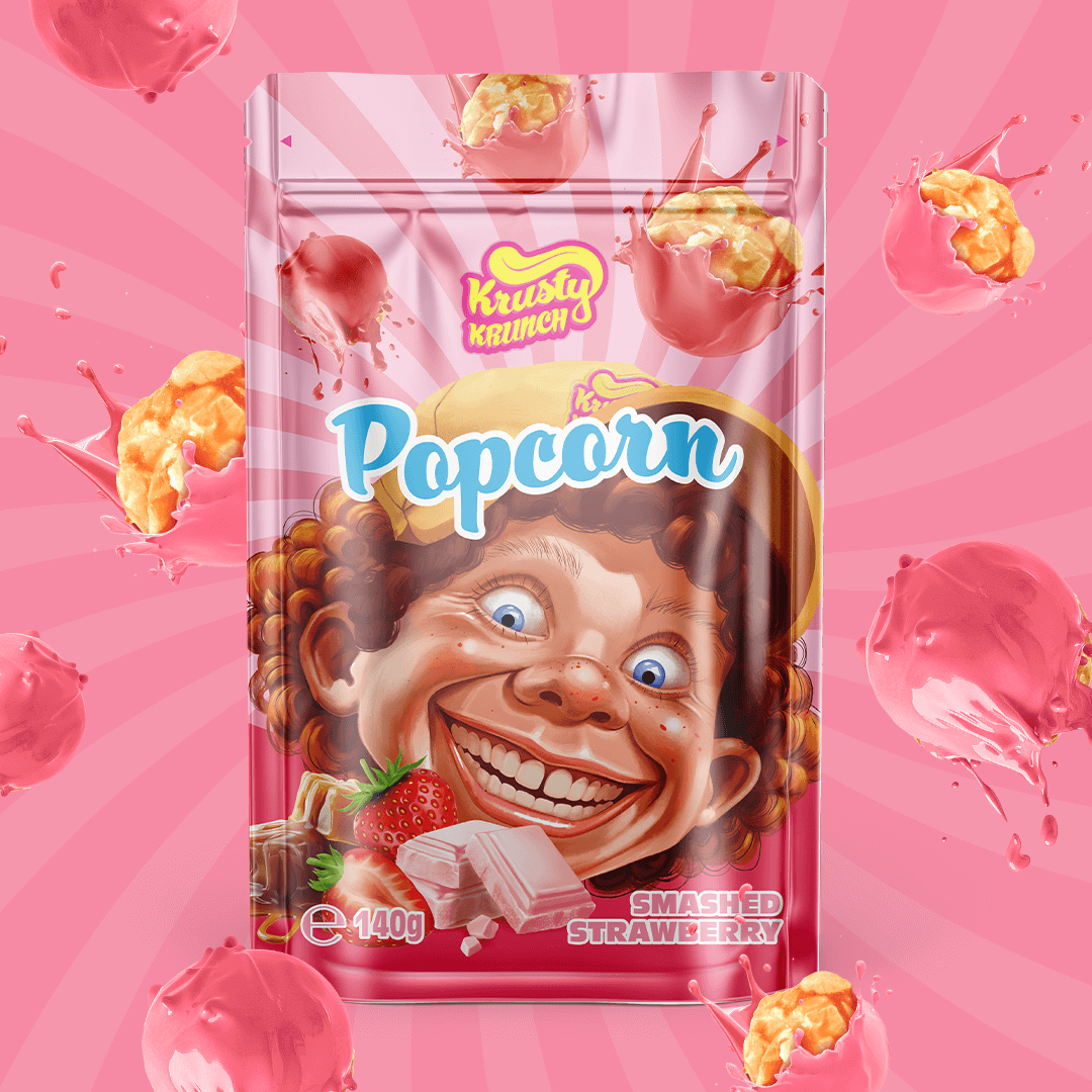 Krusty Krunch Smashed Strawberry Popcorn package featuring a fun character on a pink background.