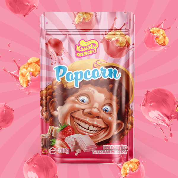 Krusty Krunch Smashed Strawberry Popcorn package featuring a fun character on a pink background.