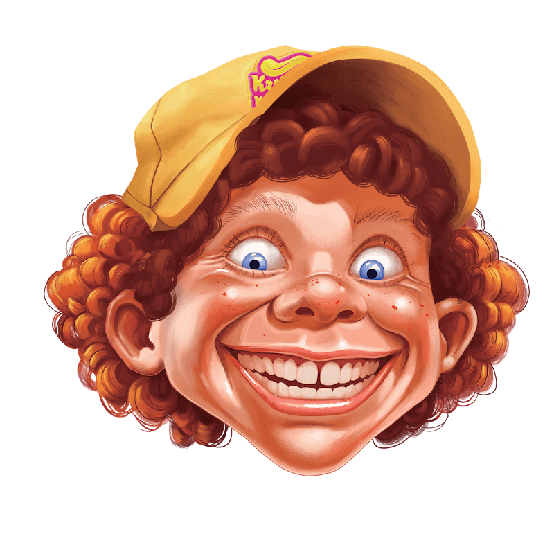 Cartoon character with curly red hair and yellow cap, smiling cheerfully for Krusty Krunch branding.