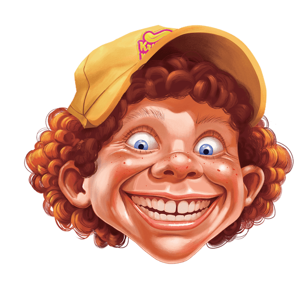 Cartoon character with curly red hair and yellow cap, smiling cheerfully for Krusty Krunch branding.