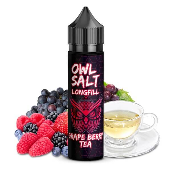 OWL Salt Longfill Grape Berry Tea 10ml with fresh berries and tea cup, perfect for a refreshing vaping experience.