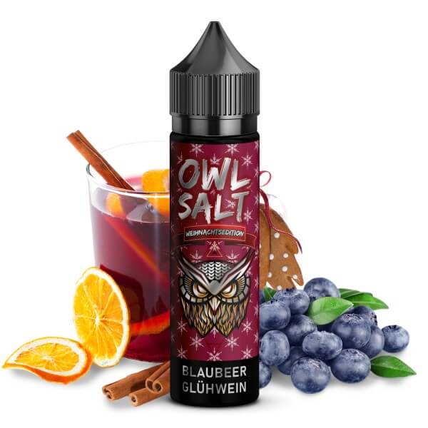 OWL Salt Blaubeer Glühwein 10ml Aroma bottle with blueberries and festive drinks in background.
