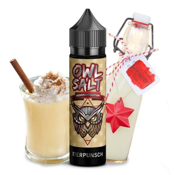 Eierpunsch Weihnachtsedition OWL Salt 10ml Aroma next to a glass of eggnog and a festive bottle decoration.