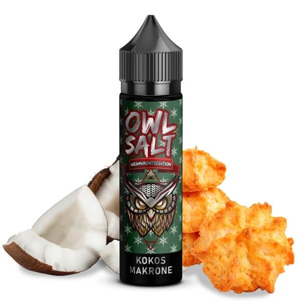 Kokosmakrone Weihnachtsedition Aroma von OWL Salt mit Kokosnuss und Baiser-Keksen, 10ml Flasche.