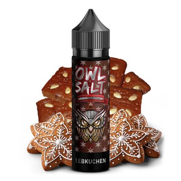 Lebkuchen Weihnachtsedition - OWL Salt 10ml Aroma bottle surrounded by festive cookies and gingerbread.