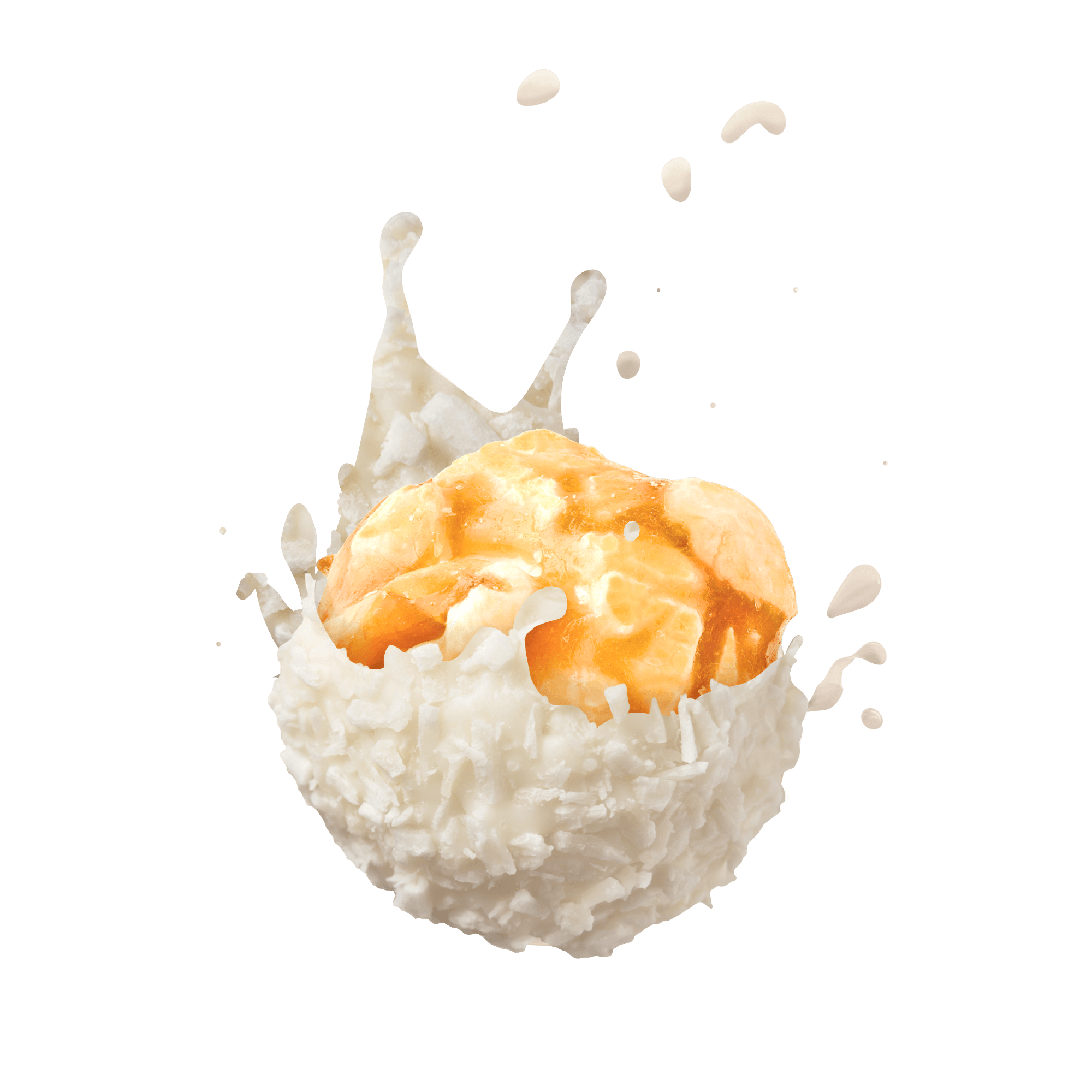 Krusty Krunch Crushed Coconut Popcorn coated in white chocolate, splashing in creamy milk.