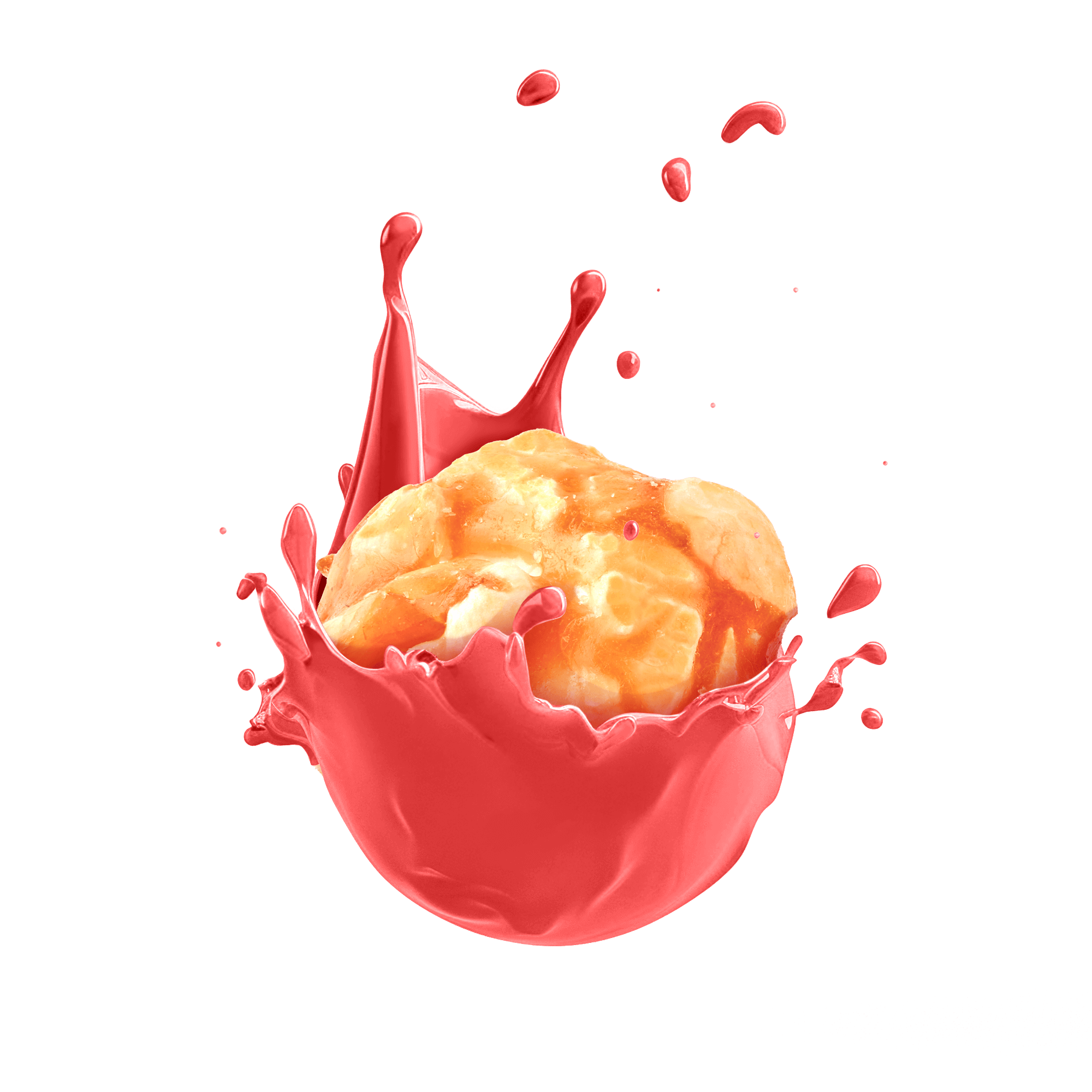 Krusty Krunch Crushed Coconut Popcorn splashing in vibrant red sauce, highlighting its unique flavor and artisanal quality.