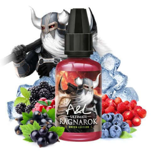 A&L Ultimate Ragnarok Green Edition 30ml aroma featuring berry blend and icy elements, ideal for flavor enthusiasts.