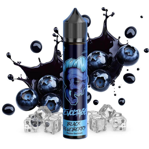 Revoltage Aroma Black Blueberry 15ml bottle surrounded by blueberries and ice, showcasing rich berry flavor.