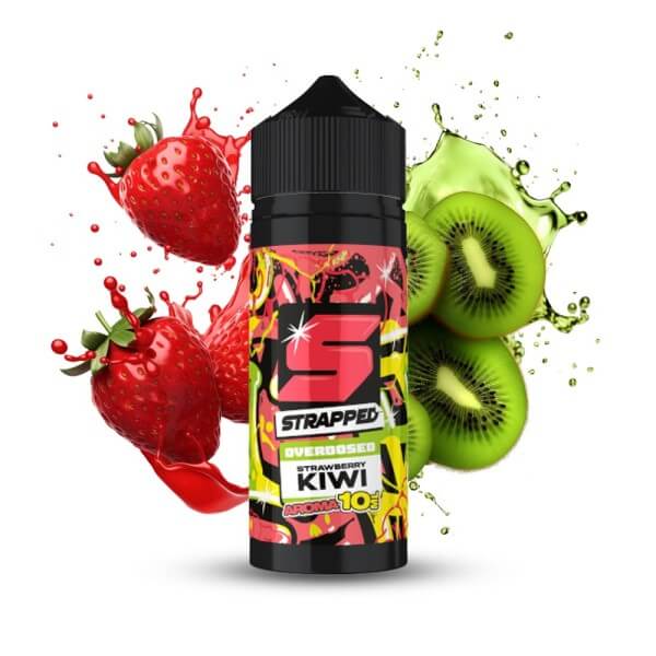 Strapped Overdosed Strawberry Kiwi 10ml Aroma bottle with vibrant strawberries and kiwis in the background.