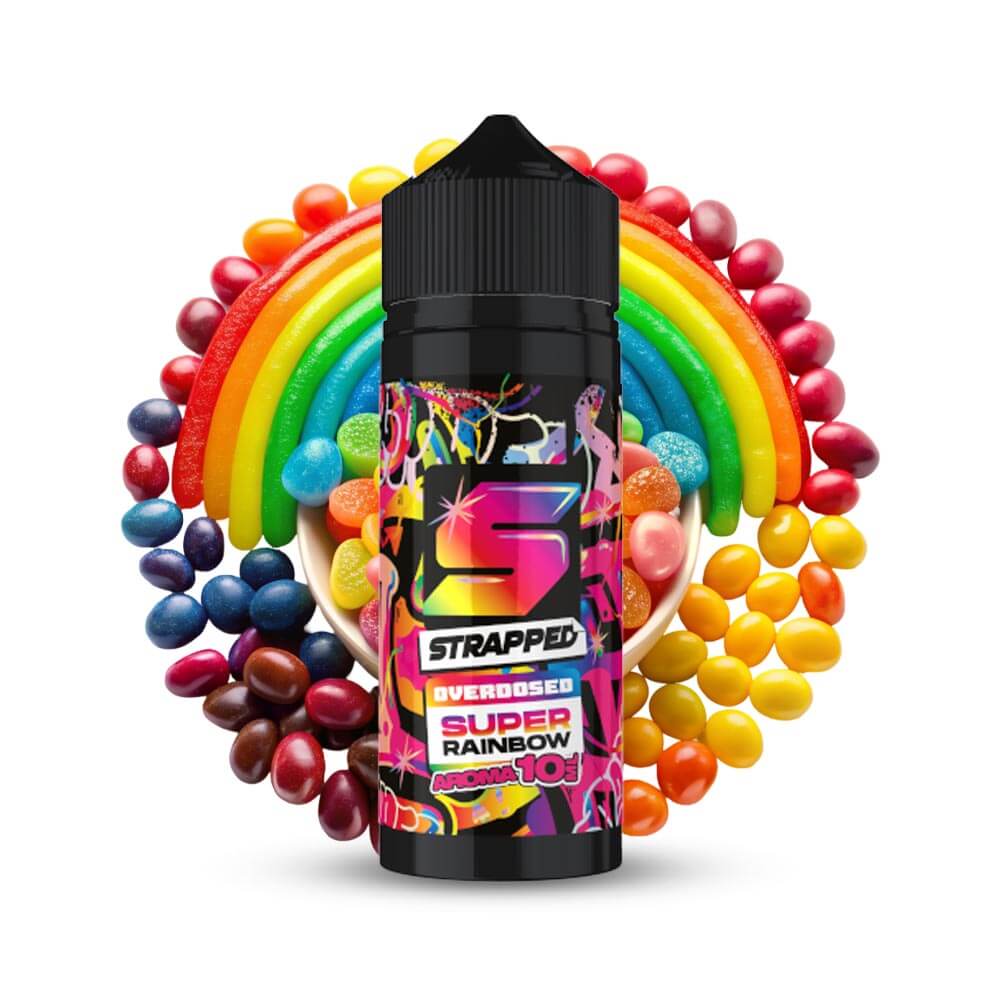 Strapped Overdosed Super Rainbow 10ml aroma bottle surrounded by colorful candy and a rainbow.
