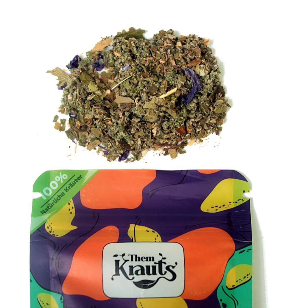 Them Krauts Premium Bio-Kräutermischung als natürlicher Tabakersatz mit buntem Verpackungsdesign.