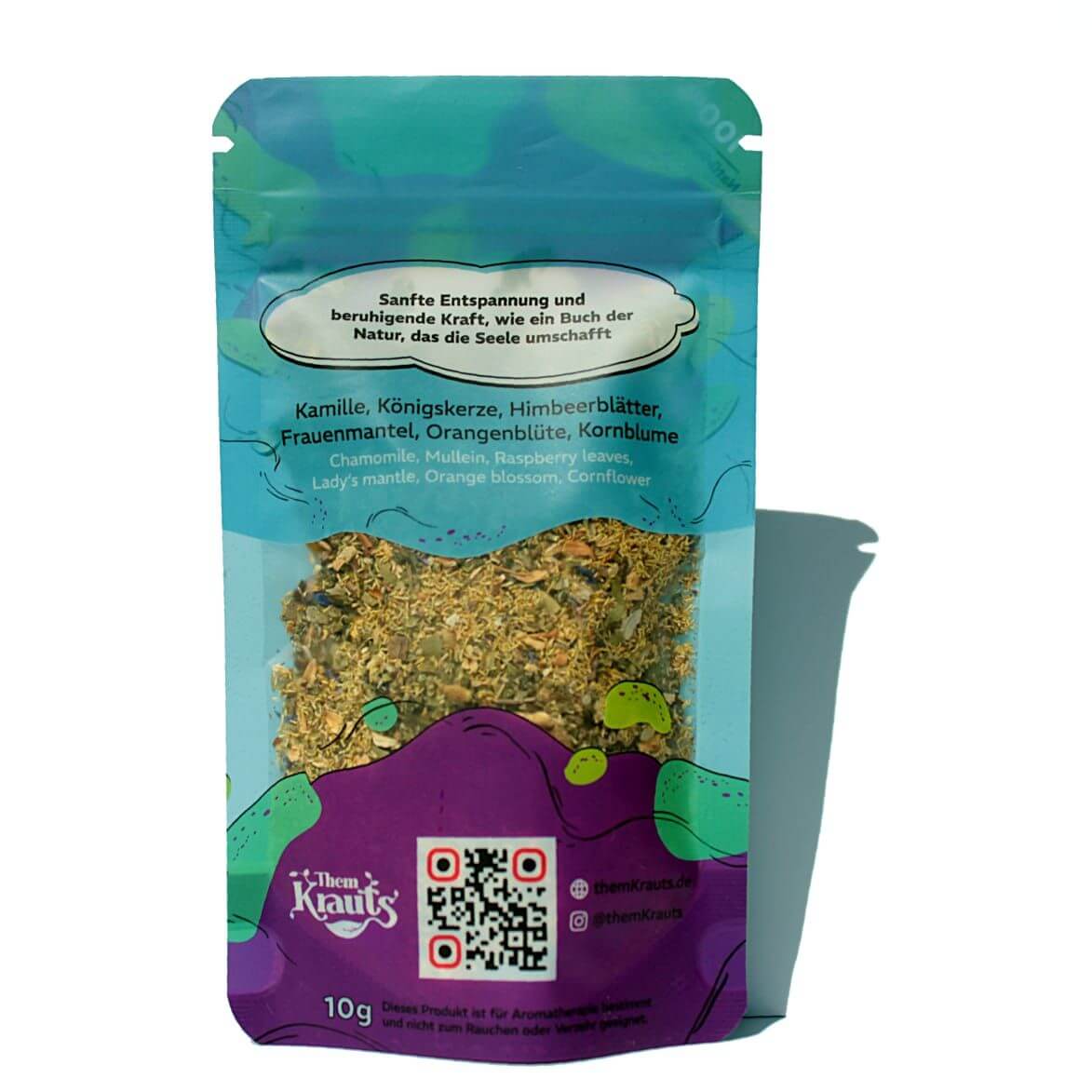 Them Krauts herbal blend packaging with chamomile and raspberry leaves for natural relaxation.