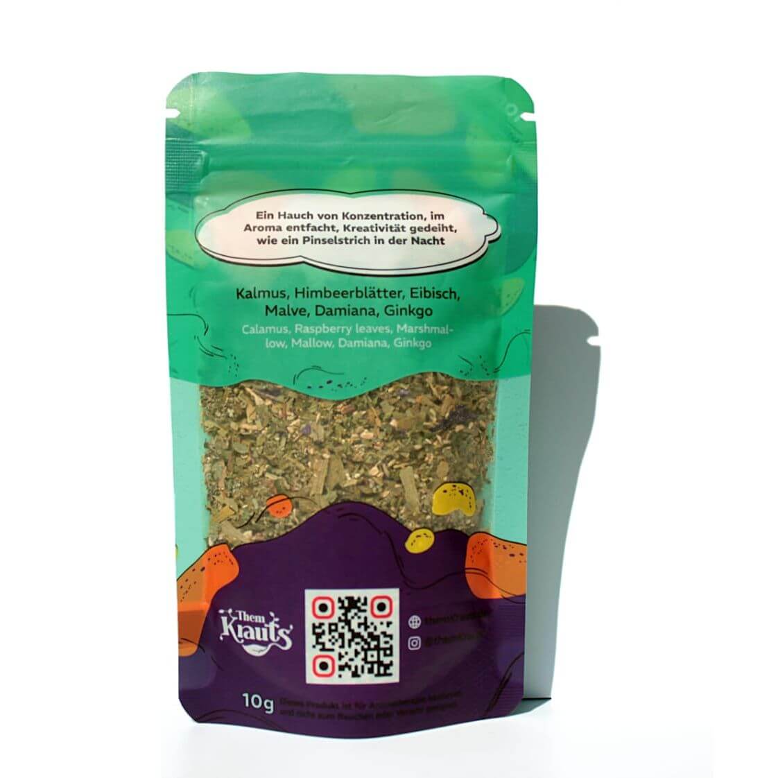Them Krauts Tabakersatz bag with bio herbs including Kalmus and Himbeerblätter, 10g premium blend.
