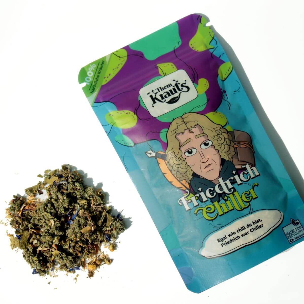 Them Krauts Tabakersatz, natürliche Kräutermischung in Packung mit Inhalt, ideal als Tabakalternative.