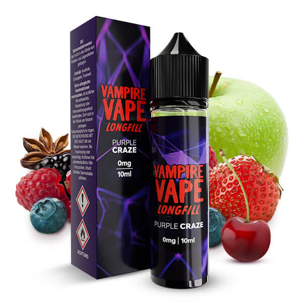 VAMPIRE VAPE Purple Craze Aroma 10ml bottle with colorful fruit background, showcasing sweet and tangy flavor profile.