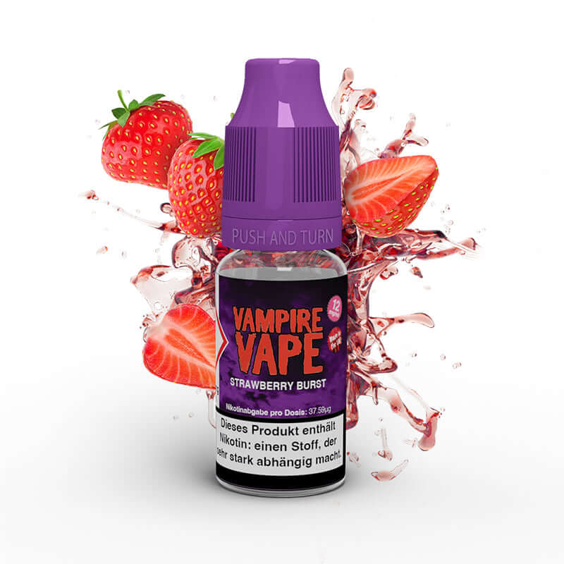 Vampire Vape Strawberry Burst 10ml liquid with strawberries and liquid splash, offering an intense strawberry flavor.